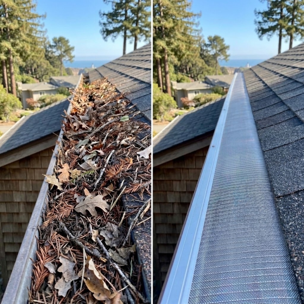 Before and after gutter guard installation — clogged gutter with leaves and pine needles vs clean Gutterglove mesh protection