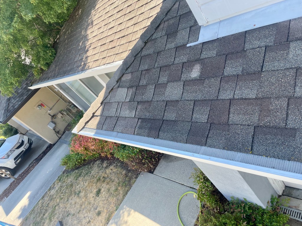 Clean gutter line on residential roof after gutter guard installation