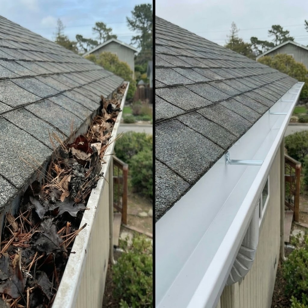 Before and after gutter cleaning showing debris removal