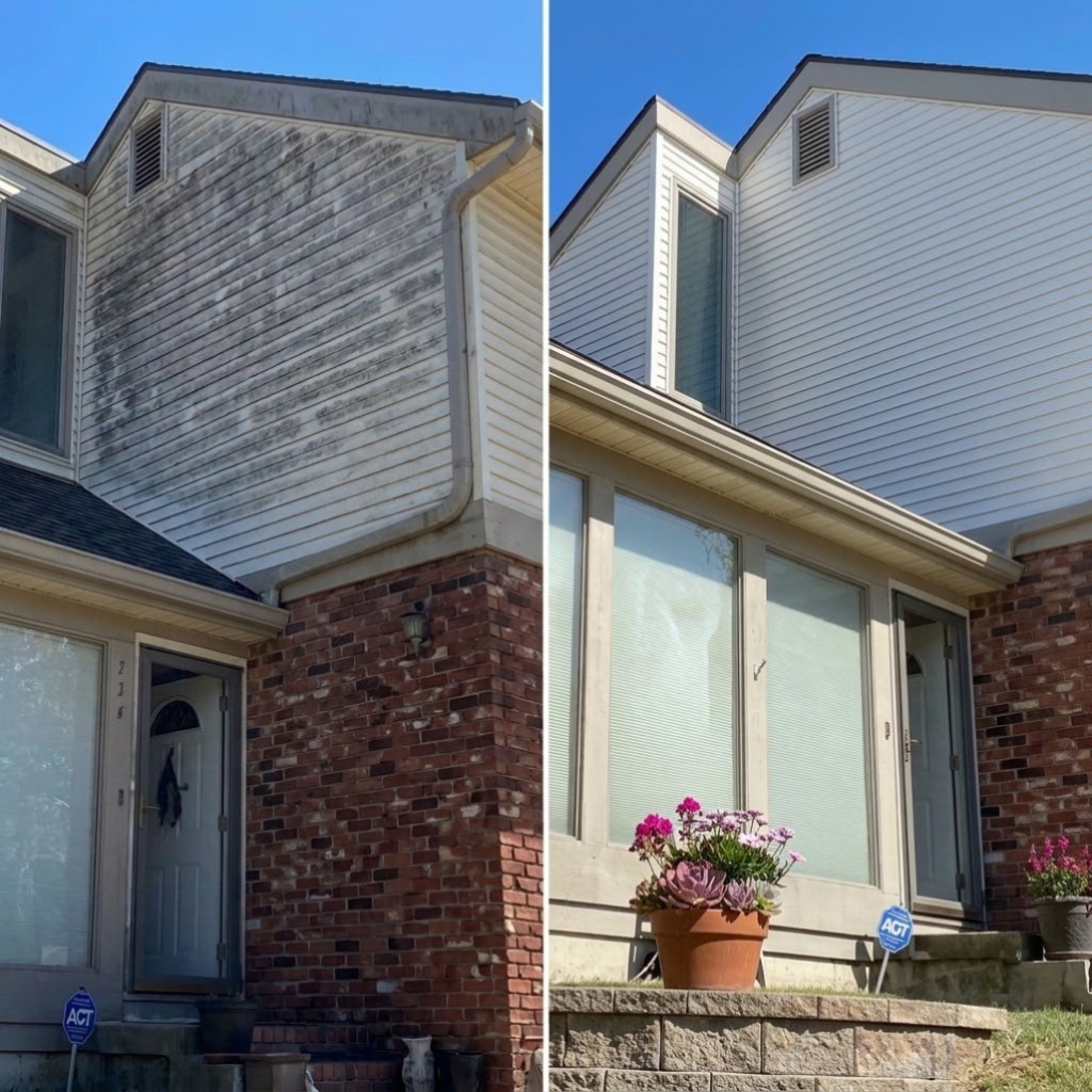 Before and after house washing showing clean siding