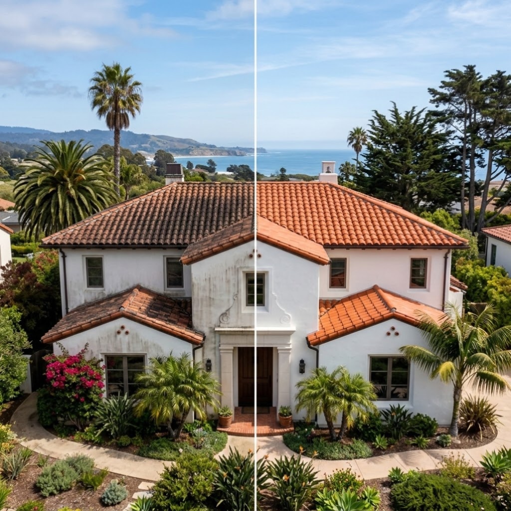 Before and after roof cleaning on a Santa Cruz Spanish-style home