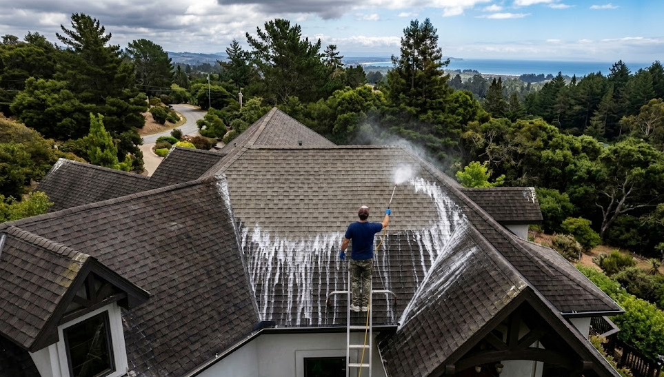 Professional roof cleaning in Santa Cruz - technician soft washing a roof with ocean view