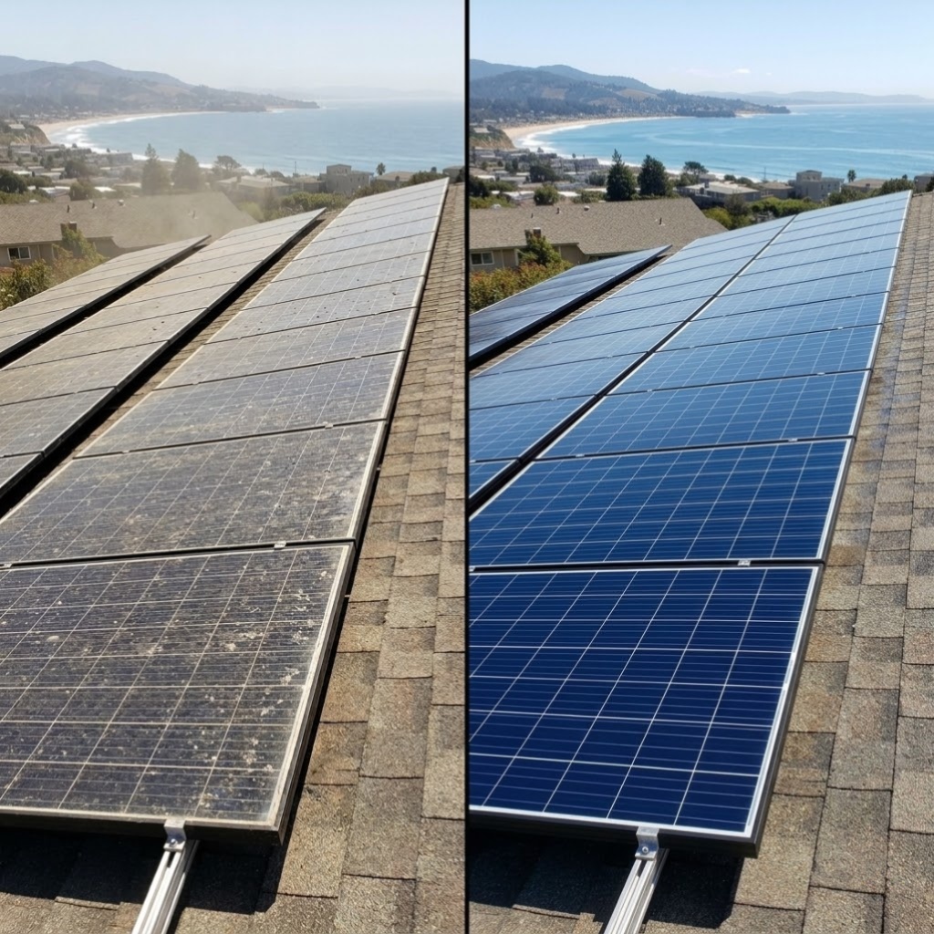 Before and after solar panel cleaning with Santa Cruz ocean view