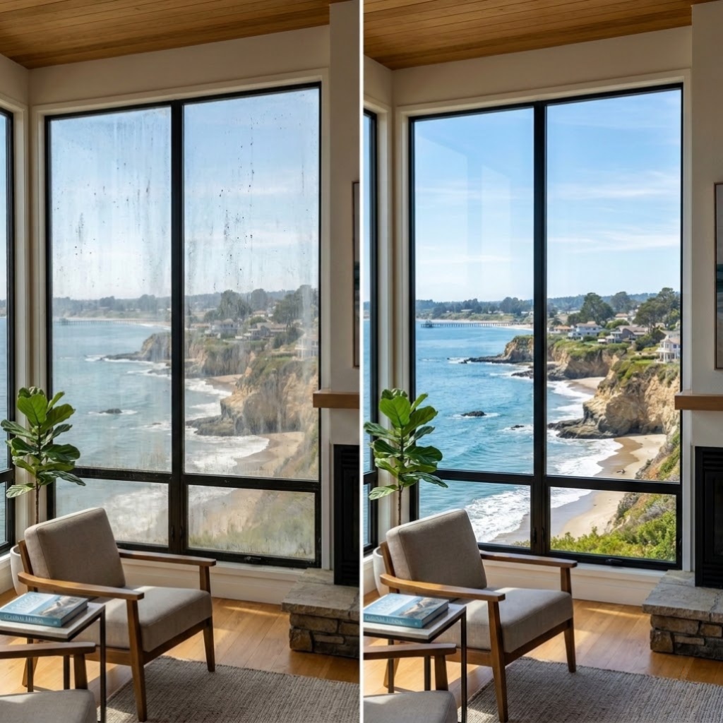 Before and after window cleaning with Santa Cruz ocean view